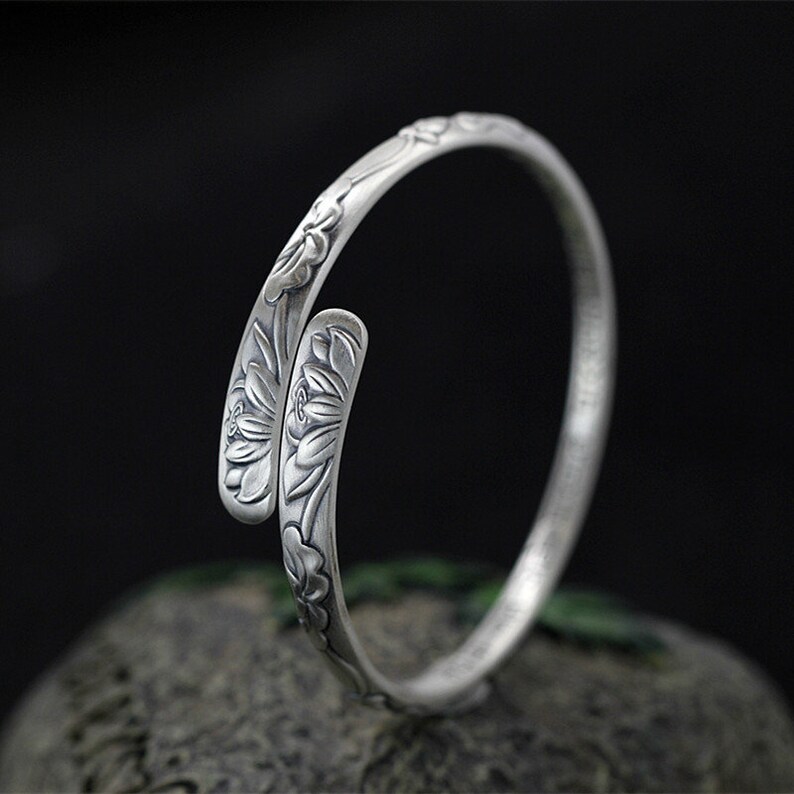 Sterling Silver Lotus Bracelet Buddhist Lotus Bangle Silver Etsy