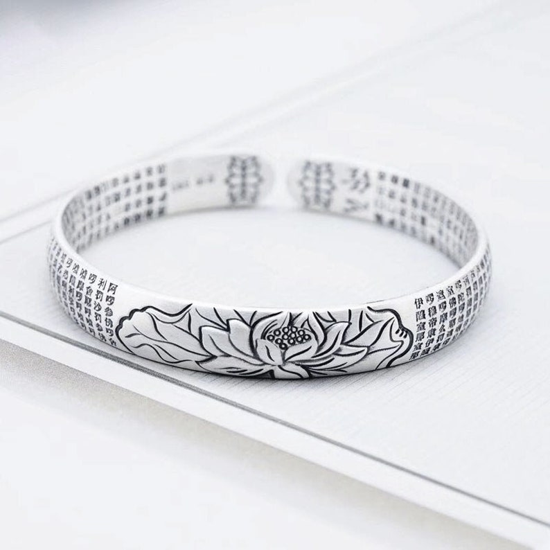 Sterling silver lotus bracelet Lotus Cuff bracelet Sterling Silver Mantra Bracelet Meditation Bracelet