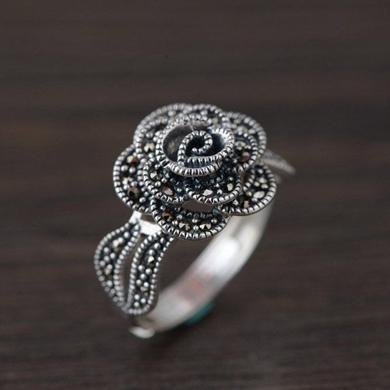 Meditation Jewelry adjustable marcasite ring Sterling Silver Rose Ring for Women