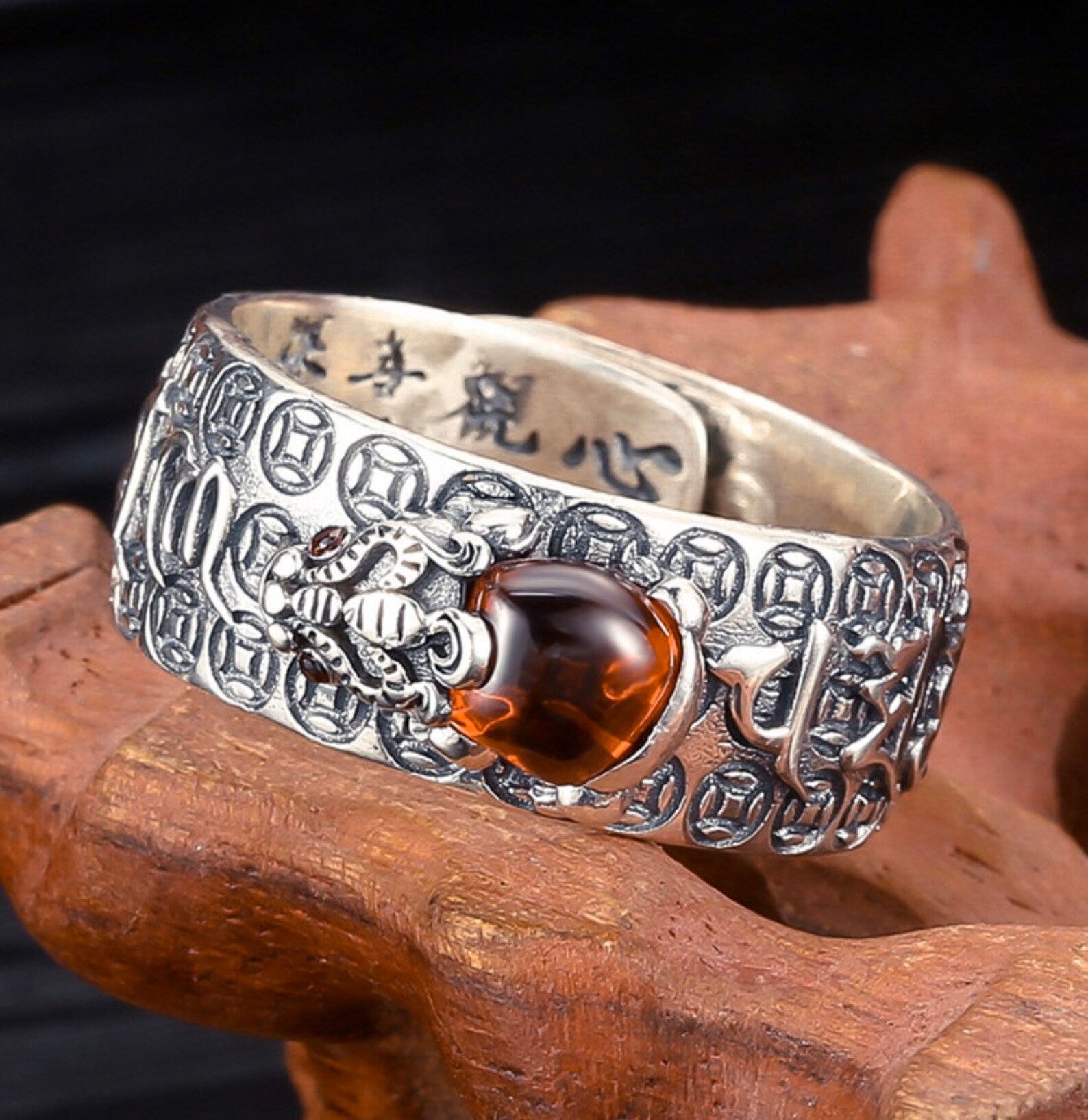 Men's Dragon Ring Pixiu Ring Sterling Silver Mantra Ring Etsy
