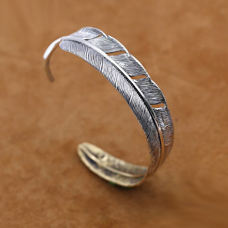 Mens Bracelet Sterling Silver Feather Bracelet Feather Cuff Etsy