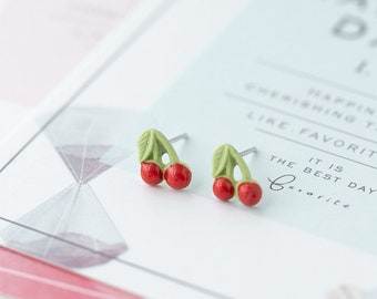 Ceramic Lovely Bright Cherry Stud Earring, 925 Sterling Silver Post, Fruit Earring