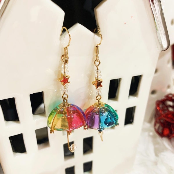 Rainbow Star Umbrella Dangling Earrings, Fairy Tale, Gold Plated Chain, Gift for her, Unique Design Earring