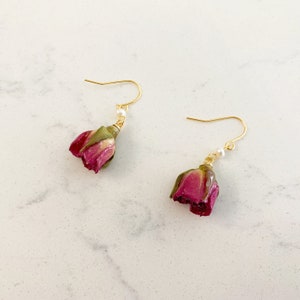Purple Real Mini Rose Bud Earring, Real Flower Earring, 925 Sterling Silver Post, Freshwater Pearl