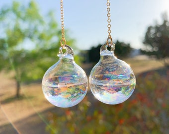 Long Dazzling Tornasol Glass Bubble with REAL WATER inside Long Dangle Earring, Transparent Glass Ball Earring