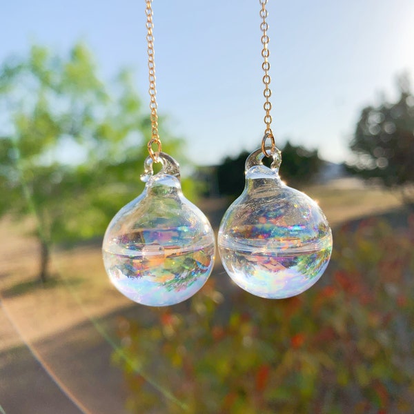 Long Dazzling Tornasol Glass Bubble with REAL WATER inside Long Dangle Earring, Transparent Glass Ball Earring