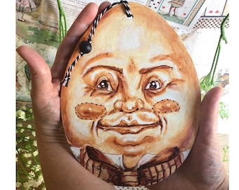 Happy Humpty in a pie box from Alice in Wonderland. Hand painted Easter Humpty Dumpty portrait. Original art tree topper decoration ornament