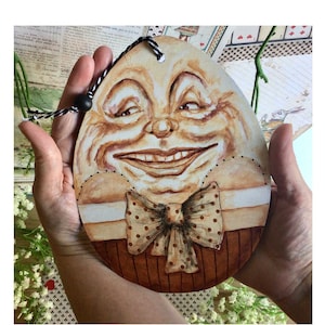 Huge Happy Humpty in a pie box from Alice in Wonderland. Hand painted Humpty Dumpty portrait. Original art hanging tree decoration ornament.