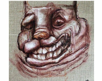Original painting Cheshire Cat Alice in Wonderland artwork. Through the Looking Glass.  Canvas board painted by Elle Carling