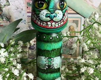 Cheshire Cat Kokeshi style doll hand painted in Scotland. Alice in Wonderland wooden art doll Carroll, Disney, Burton gift