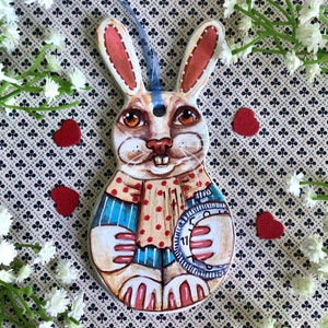 Sweet hand painted ceramic white rabbit ornament from Alice in Wonderland. Easter Christmas decoration for Alice lovers. Disney collector