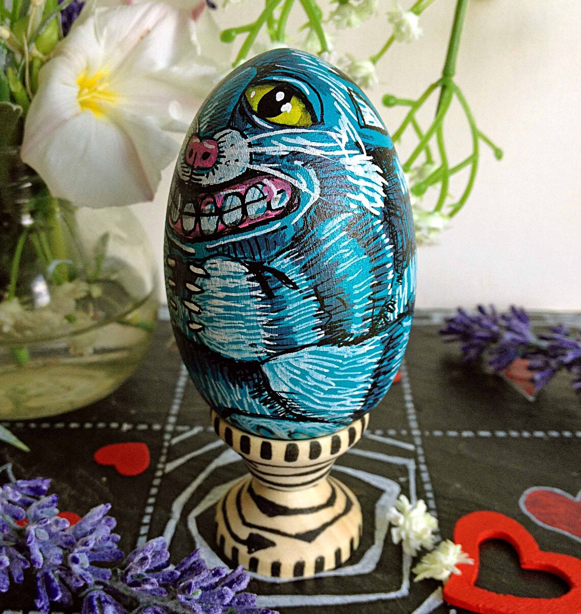 Blue Cheshire Cat wooden egg from Alice in Wonderland. Hand Etsy