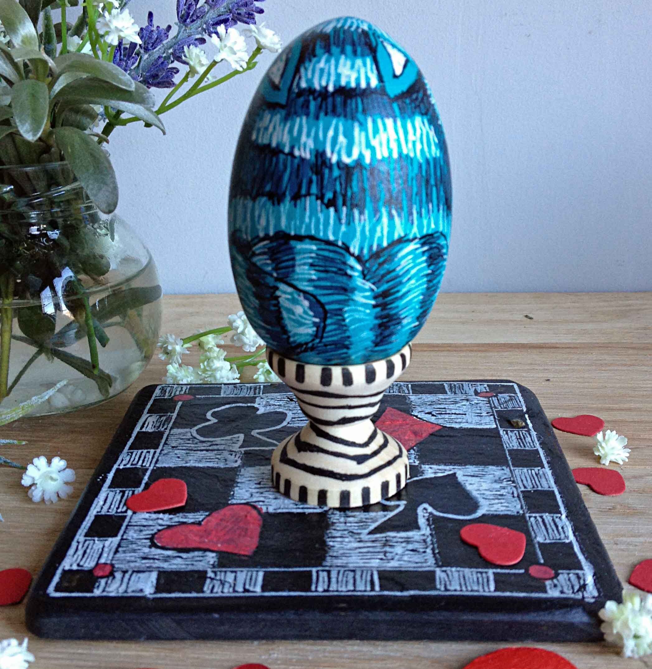 Blue Cheshire Cat wooden egg from Alice in Wonderland. Hand Etsy