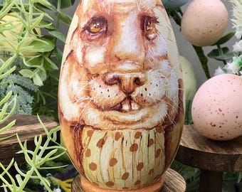 Hand painted Alice in Wonderland White Rabbit Easter egg in sepia. Wooden Matryoshka art decor ornament. Quirky weird ooak gift