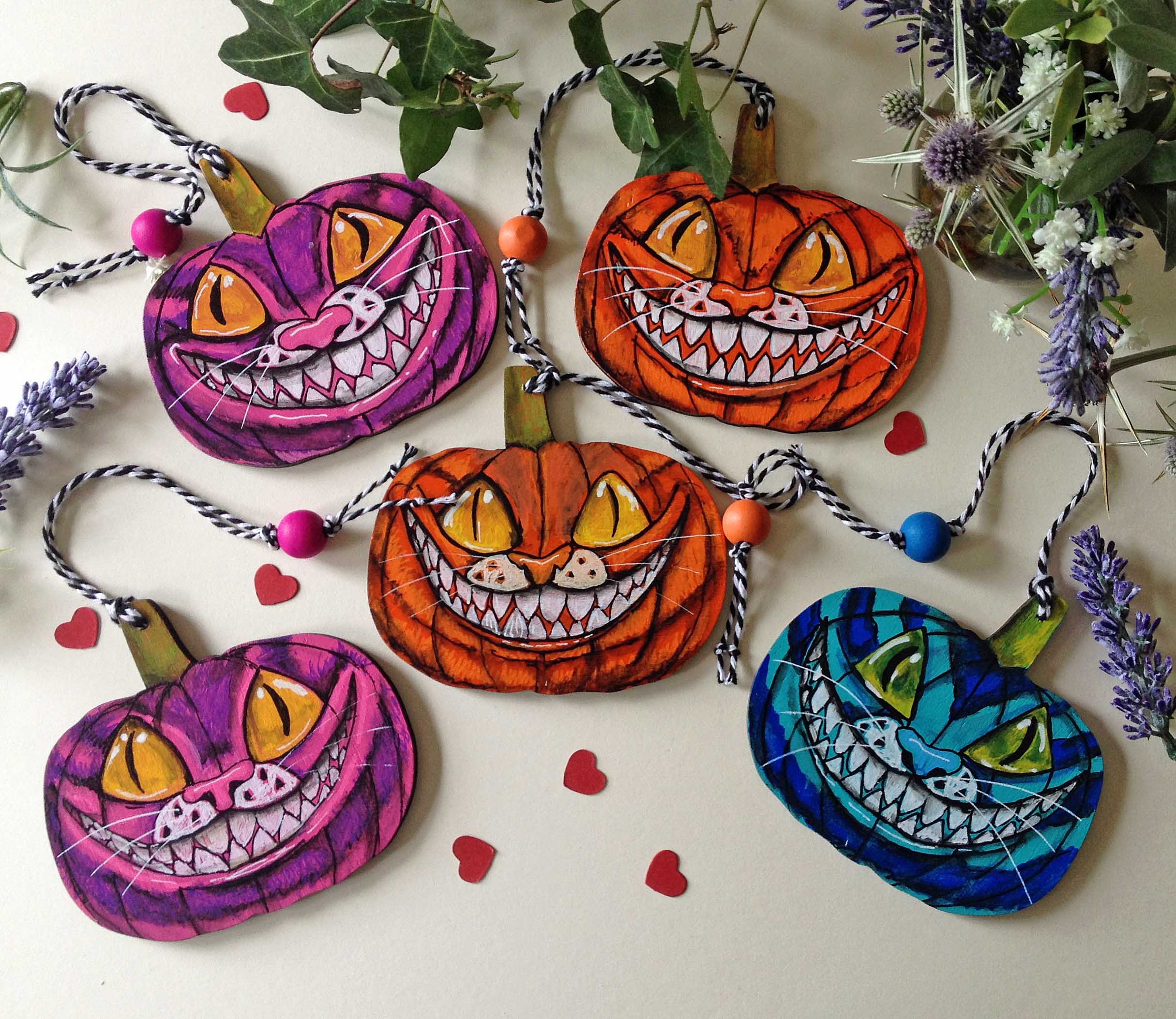 Halloween Cheshire Cat Pumpkin. Special Edition Hand Painted Alice