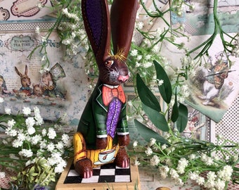 Beautiful hand painted Mad March Hare Tea Party  doll. Alice in Wonderland carved wooden doll and base . Carroll, Disney, Burton Easter gift