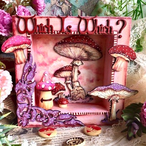 Strawberry clouds Which is Which curious mushroom shadow box Diorama. Hand painted Alice in Wonderland 3d wall art shrine, altar, assemblage
