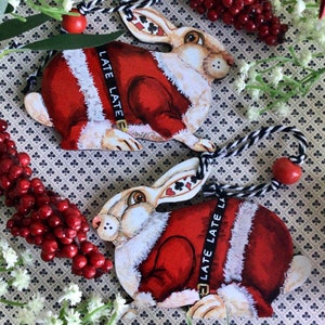 Christmas White Rabbit Alice in Wonderland wooden hanging decoration ornament Perfect for Christmas tree decor. Hand painted ornament