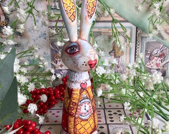 Bonkers! A right Royal Rabbit. Queen of Hearts White Rabbit doll from Alice in Wonderland. Hand painted Alice decor ornament. Quirky gift