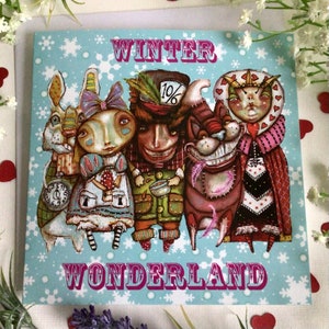 Carte de voeux d'Alice au pays des merveilles d'hiver à partir d'illustrations originales. De curieuses cartes de Noël pour les fêtes. Les fans de Lewis Carroll Disney