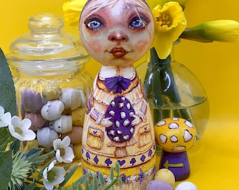 Alice in Wonderland All in the Golden Afternoon Easter doll. Hand painted ooak wooden art doll with mushroom. Lewis Carrol Collectors gift