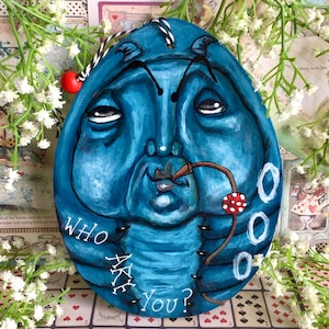 Giant Hand painted Absolem decoration from Alice in Wonderland. Blue caterpillar Who are You? Ornament. Lewis Carroll Disney fans