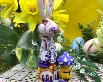 White Rabbit Alice in Wonderland All in the Golden Afternoon Easter doll. Hand painted wooden art doll with mushroom Carroll Collectors gift