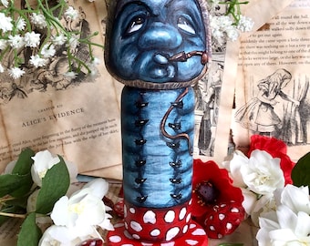Blue Caterpillar Absolem Kokeshi style doll hand painted in Scotland. Alice in Wonderland wooden art doll Carroll, Disney, Burton ooak gift