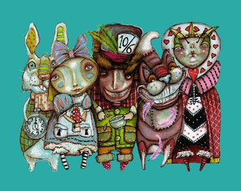 Lámina Alicia en el país de las maravillas Aquí todos estamos locos. A través del espejo. El gato de Cheshire. El sombrerero loco. El conejo blanco. La reina de corazones