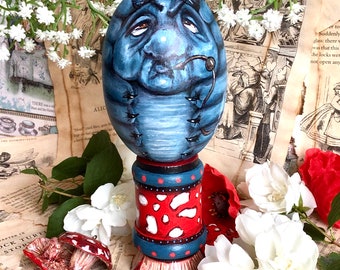 Beautiful large Blue Caterpillar Absolem hand painted wooden egg candlestick. Alice in Wonderland Through the Looking Glass original doll