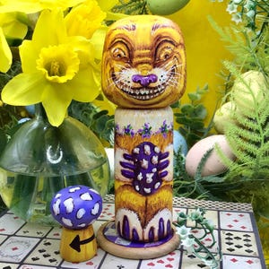 Cheshire Cat Alice in Wonderland All in the Golden Afternoon Easter doll. Hand painted ooak wooden art Kokeshi style doll with mushroom.