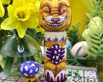 Cheshire Cat Alice in Wonderland All in the Golden Afternoon Easter doll. Hand painted ooak wooden art Kokeshi style doll with mushroom.