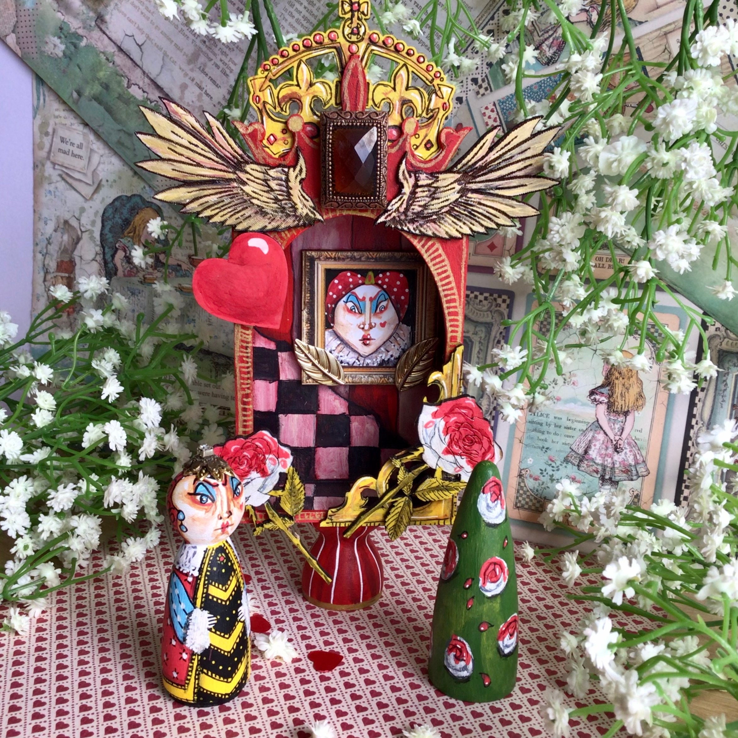 RESERVED Hand Painted Queen of Hearts Diorama Assemblage Art Box