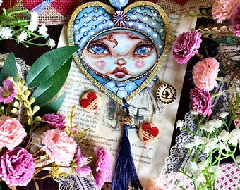 Pastel Punk Alice in Wonderland heart portrait decoration. Hand painted Christmas tree Valentine ornament. Original art decor Disney fans