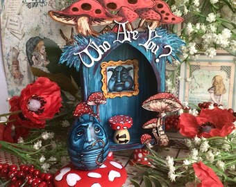 Hand painted Absolem Caterpillar Diorama assemblage Art Box from Alice in Wonderland. Painted art shrine altar wooden egg & amanita mushroom