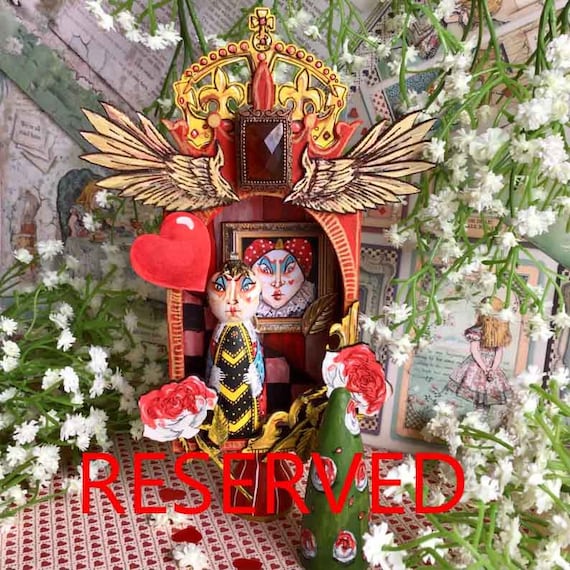 RESERVED Hand Painted Queen of Hearts Diorama Assemblage Art Box From Alice  in Wonderland. Painted Art Shrine Altar Wooden Doll & Rose Tree - Etsy