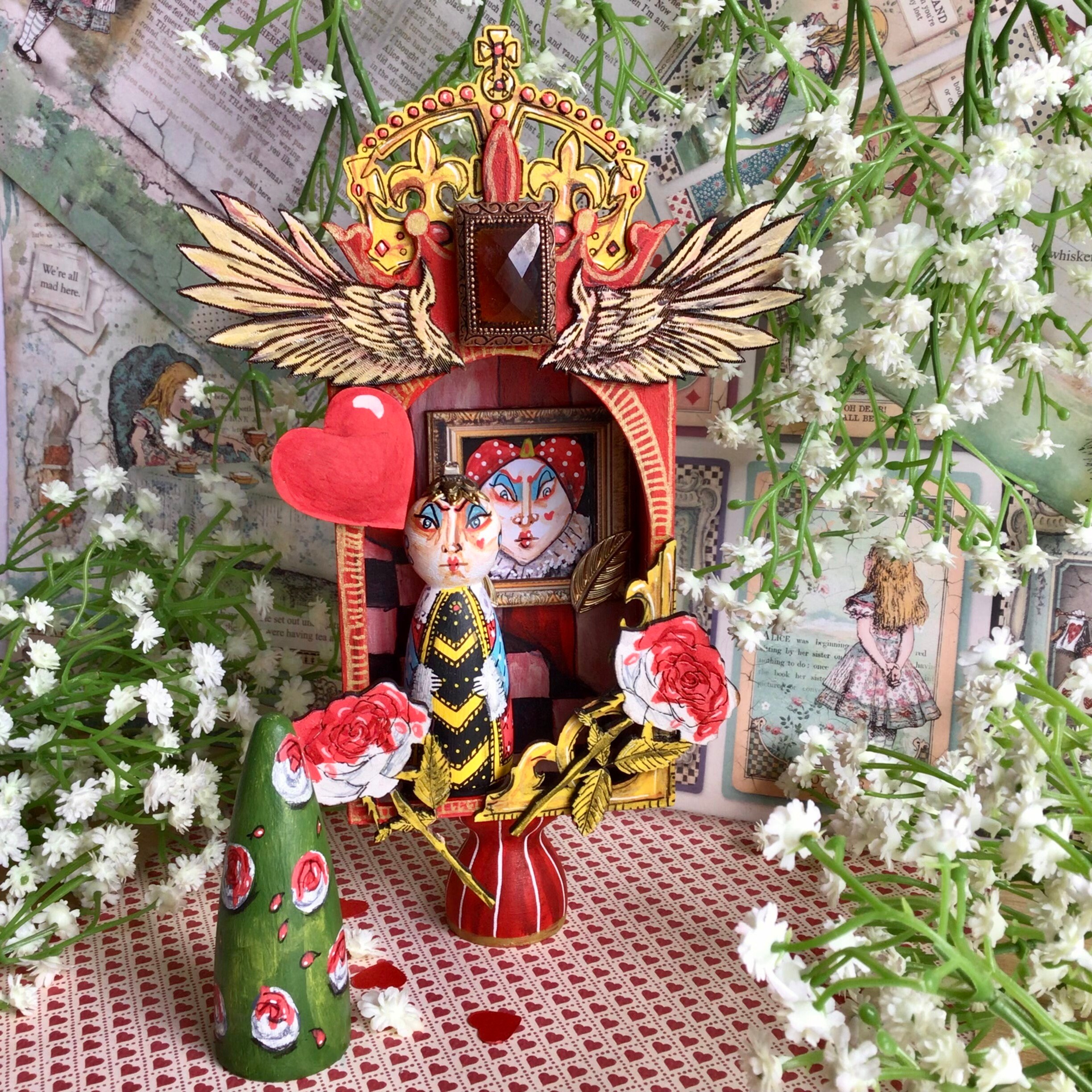 RESERVED Hand Painted Queen of Hearts Diorama Assemblage Art Box