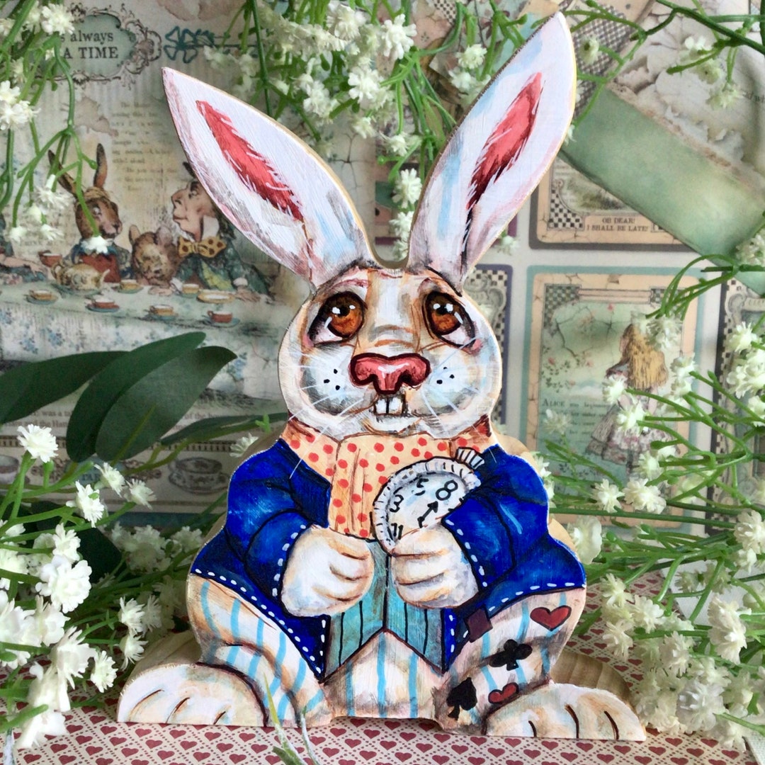 Large Freestanding White Rabbit. Hand Painted Wooden Ornament From