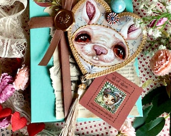 Pastel Punk Alice in Wonderland White Rabbit portrait decoration. Hand painted Christmas tree valentine ornament. Original art decor