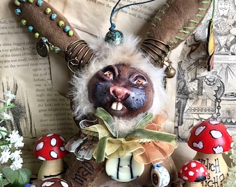 The Futterwacken March Hare. Alice in Wonderland art doll. Clay, fabric decoration. Christmas tree ornament. OOAK soft sculpture plush