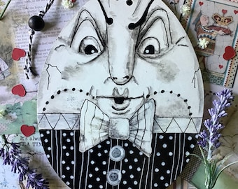 Giant Humpty Dumpty Queer Fish in a pie box from Alice in Wonderland. Wooden hanging decoration ornament hand painted in Scotland.