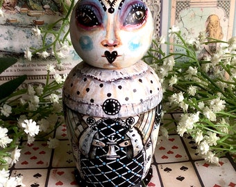 White Queen intricately painted Alice in Wonderland single nesting art doll. Wooden box Matryoshka doll. Disney Burton gift