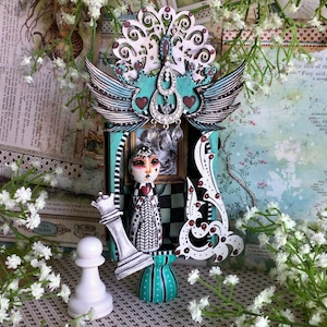RESERVED Hand painted White Queen Diorama assemblage Art Box from Alice in Wonderland. Painted art shrine wooden doll & chess piece.
