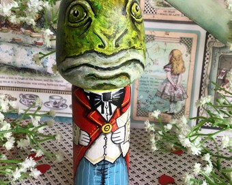 A fabulous Frog Footman from Alice in Wonderland. Large wooden Kokeshi doll hand painted in Scotland Disney Carroll Burton decor