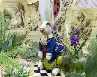Stunning White Rabbit hand painted doll. Alice in Wonderland ooak carved wooden doll and base. Carroll, Disney, Burton Easter Christmas gift