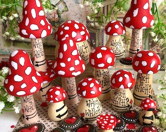 Hand painted Alice in Wonderland wooden mushroom and pebble gift set. Which is Which? Painted Fly Amanita Agaric Toadstool mushroom