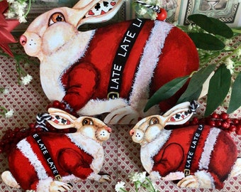 Giant Christmas White Rabbit Alice in Wonderland wooden hanging decoration ornament Perfect for Christmas tree decor. Hand painted ornament