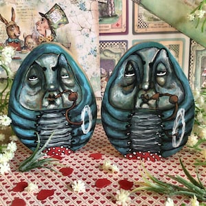 Hand painted Absolem freestanding wooden ornament from Alice in Wonderland. Blue caterpillar on a mushroom. Lewis Carroll Disney fans
