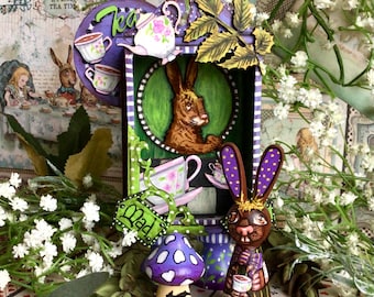Mad March Hare diorama Art Box from Alice in Wonderland. Painted art shrine, altar, assemblage art Collector item Disney Carroll Tea Party