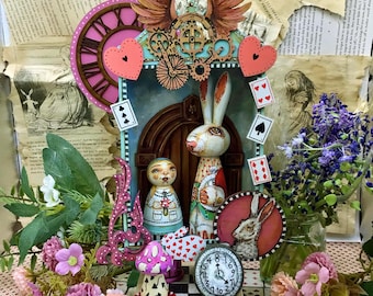 Large whimsical hand painted Alice & the White Rabbit Diorama assemblage Art Box doll Alice in Wonderland. Art Shrine, fairy steampunk altar